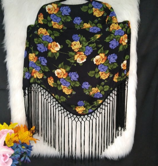 Asos Black Multi Color Floral Open Short Sleeve Fringed Robe Cover Up Size 8 - Picture 6 of 11